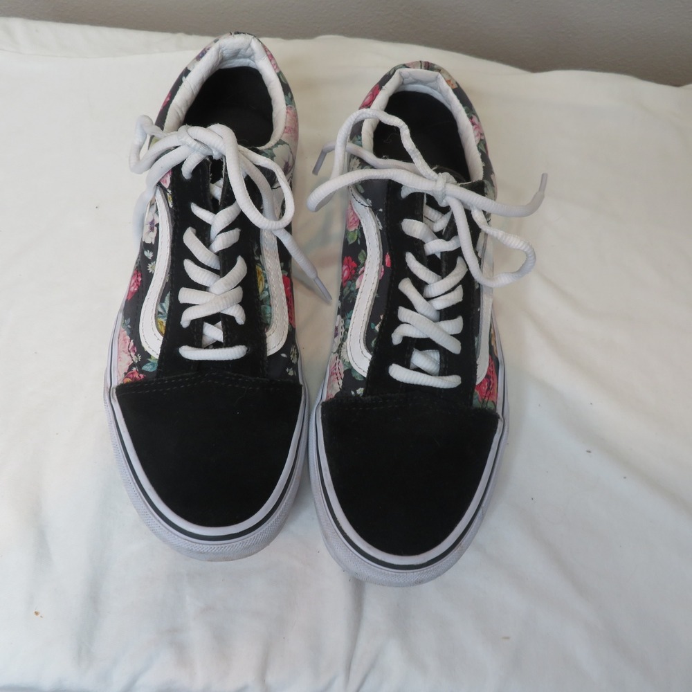 Vans Old Skool Floral Black Suede Canvas Low Top Sneakers Women 7.5 Men 6.0
